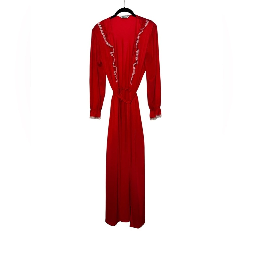 Vintage Sears Bazaar Red Night Robe White Lace Ruffles Cottagecore Loungewear OS